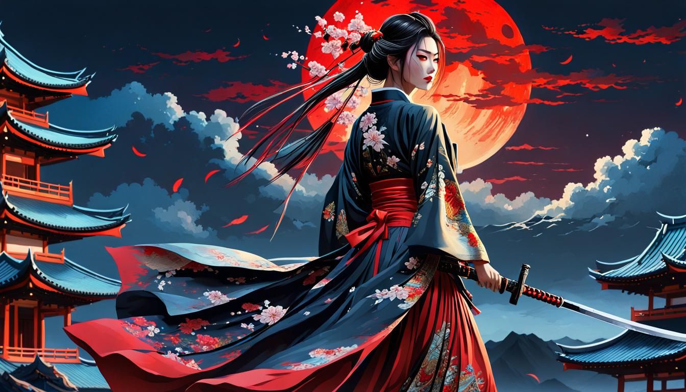 Striking Samurai Girl Under Moonlight: Hyperrealistic Art