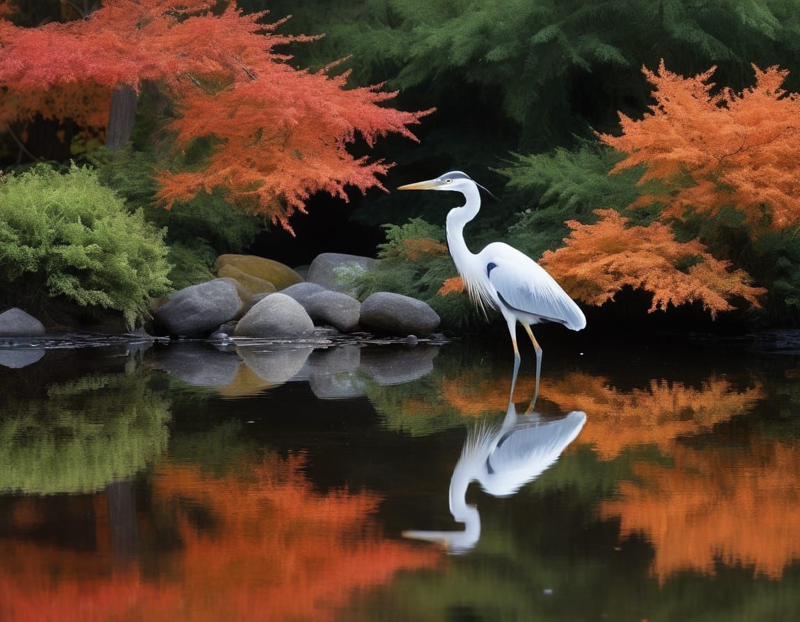 Heron in Autumn Landscape with Impressionistic Details