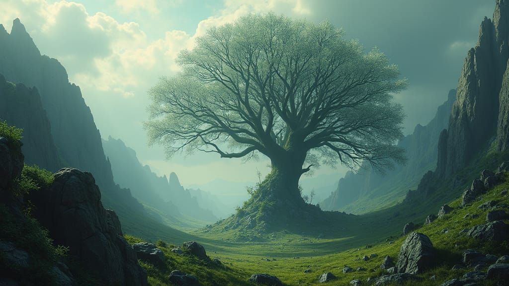 a vast and beautiful vale of green forests and jagged rocks with a glowing silver mallorn tree