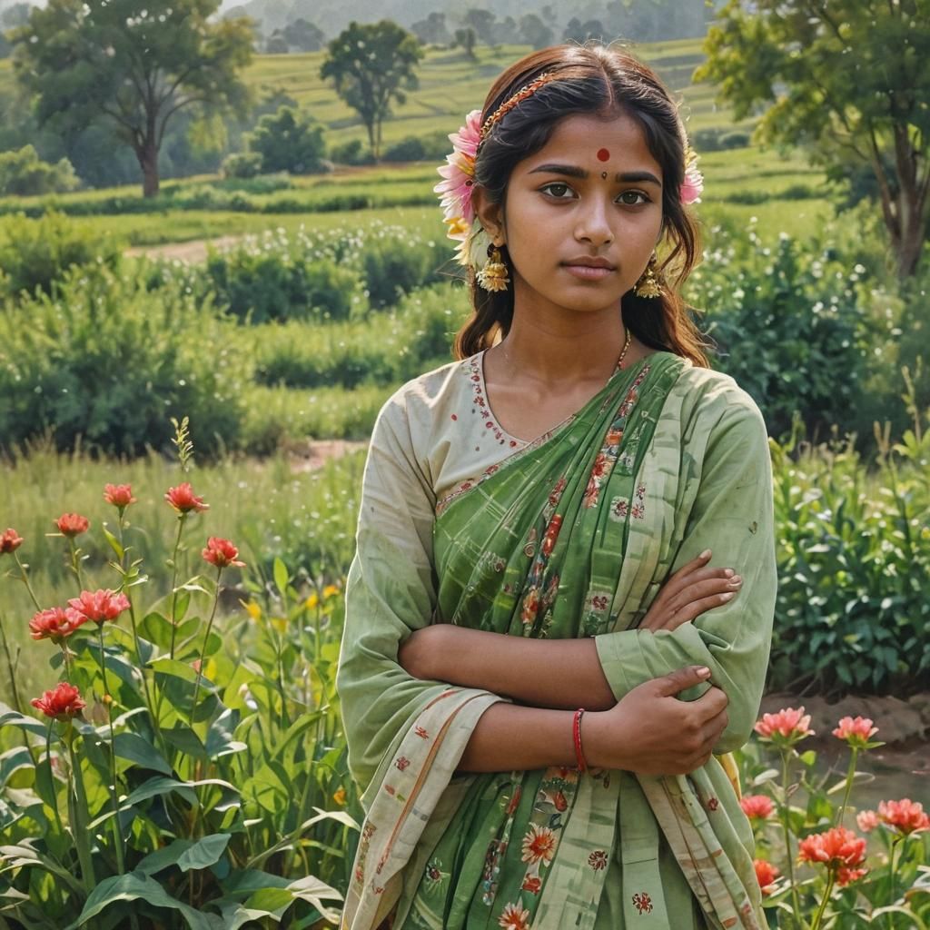Young Woman in Field, Watercolor Painting