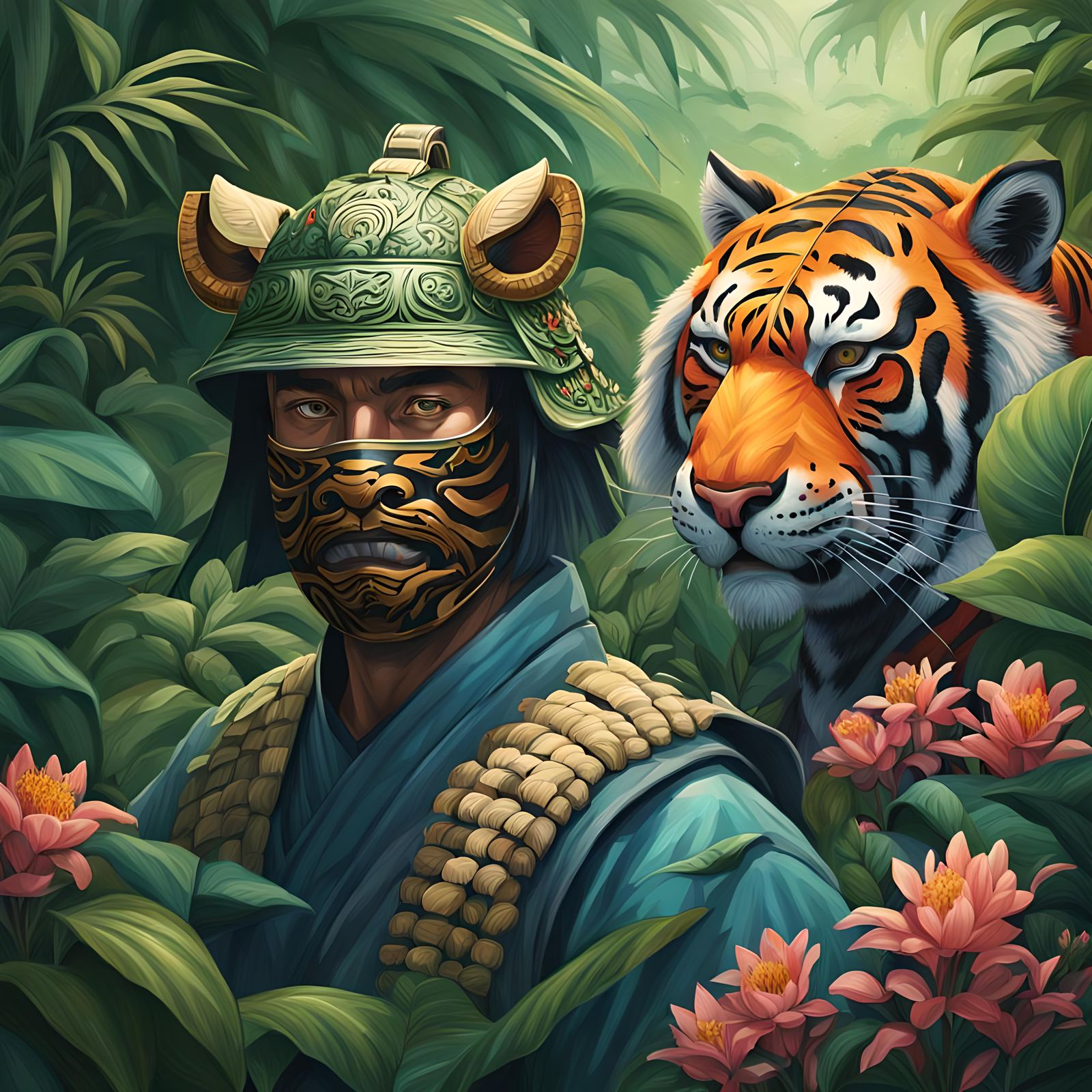 Samurai Warrior and Tiger Portrait in Jungle
