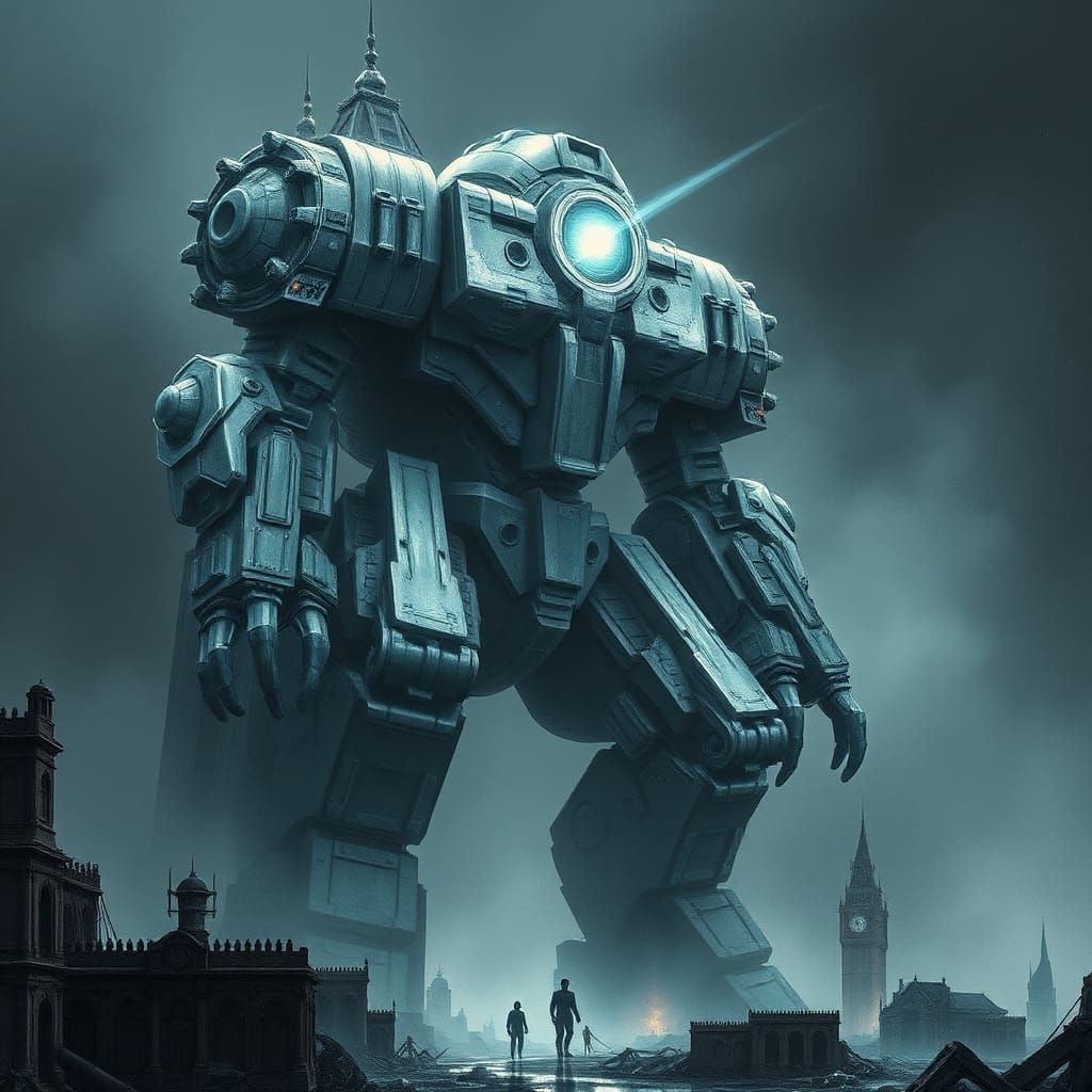 Gargantuan Mecha Warrior in Ruined Metropolis