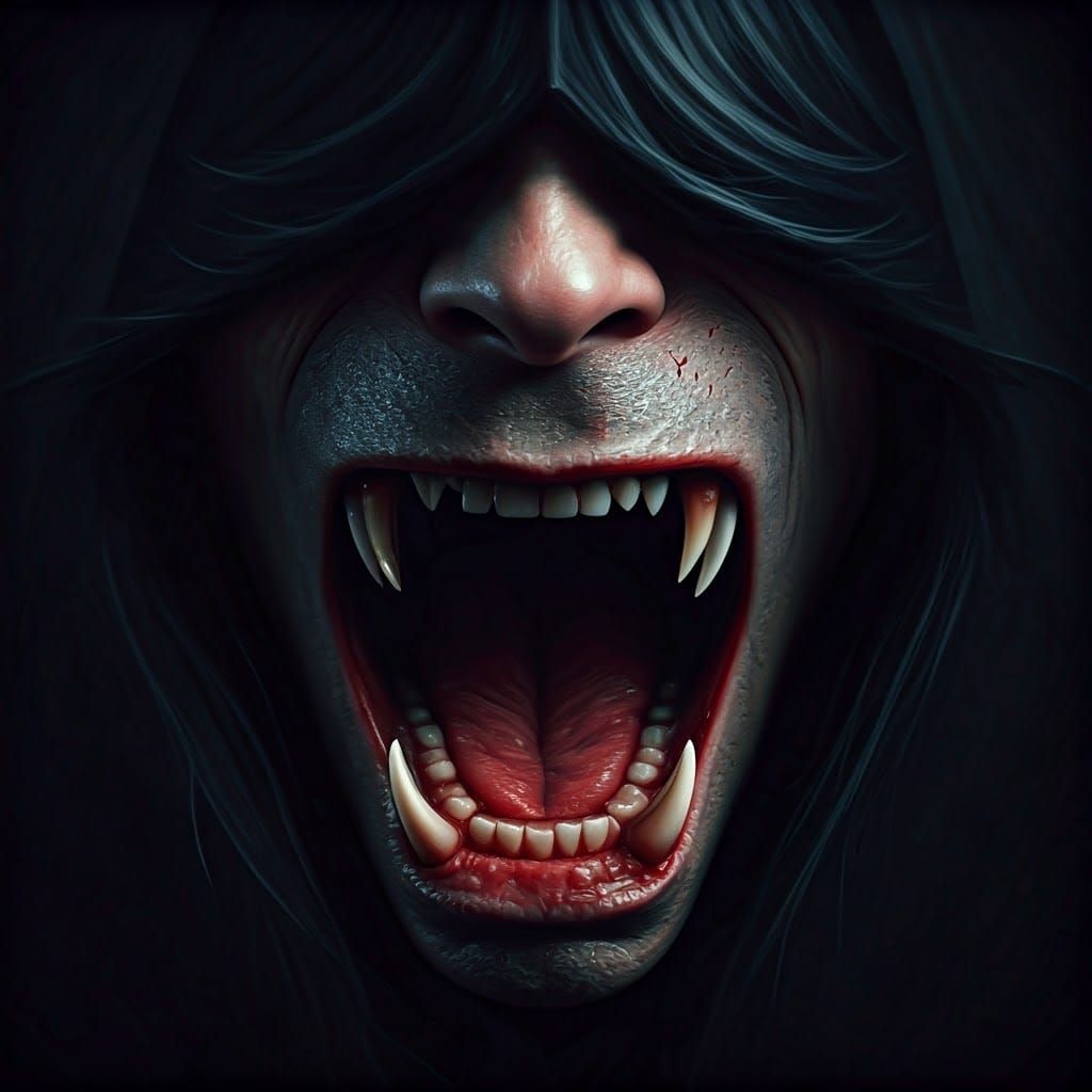 Vampire Fangs in Dramatic Cinematic Darkness