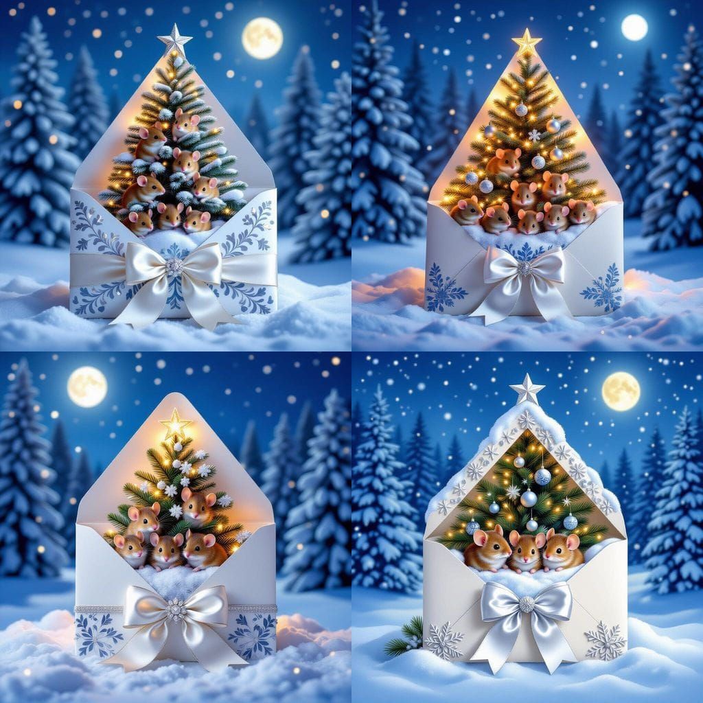 Whimsical Christmas Mice Under Snowy Moonlight