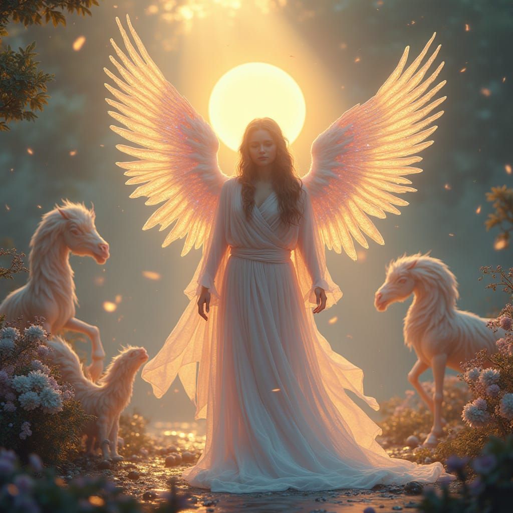 Surreal Angelic Goddess in a Halo of Golden Light and Mystic...