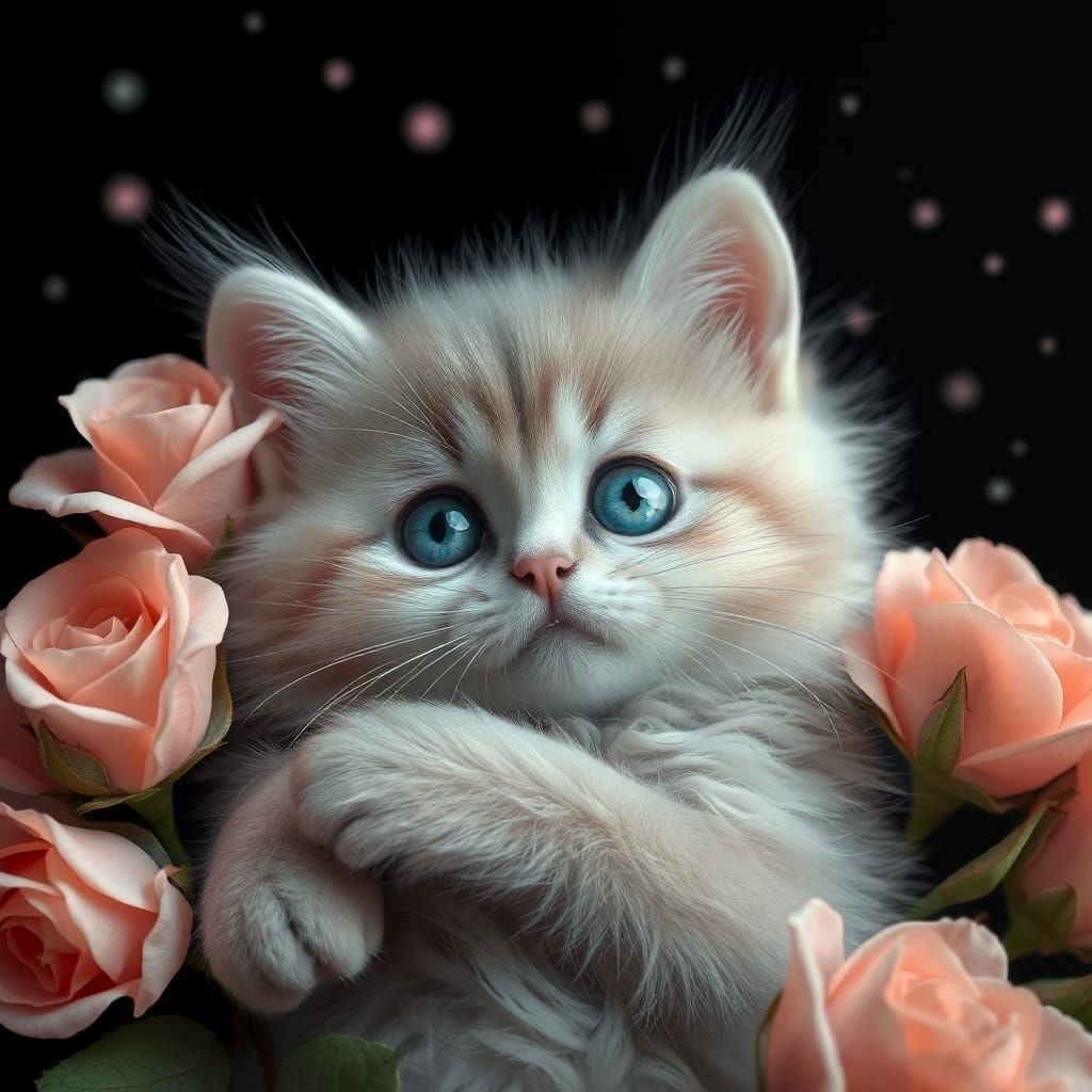 Fluffy Kitten Surrounded by Roses in Dreamscape Style