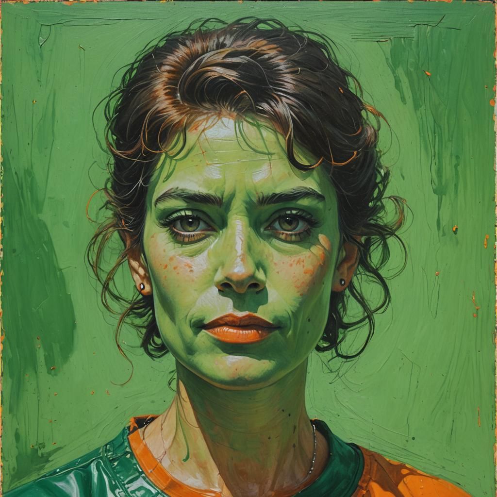 Orange Grease Pencil Portrait on Green Background