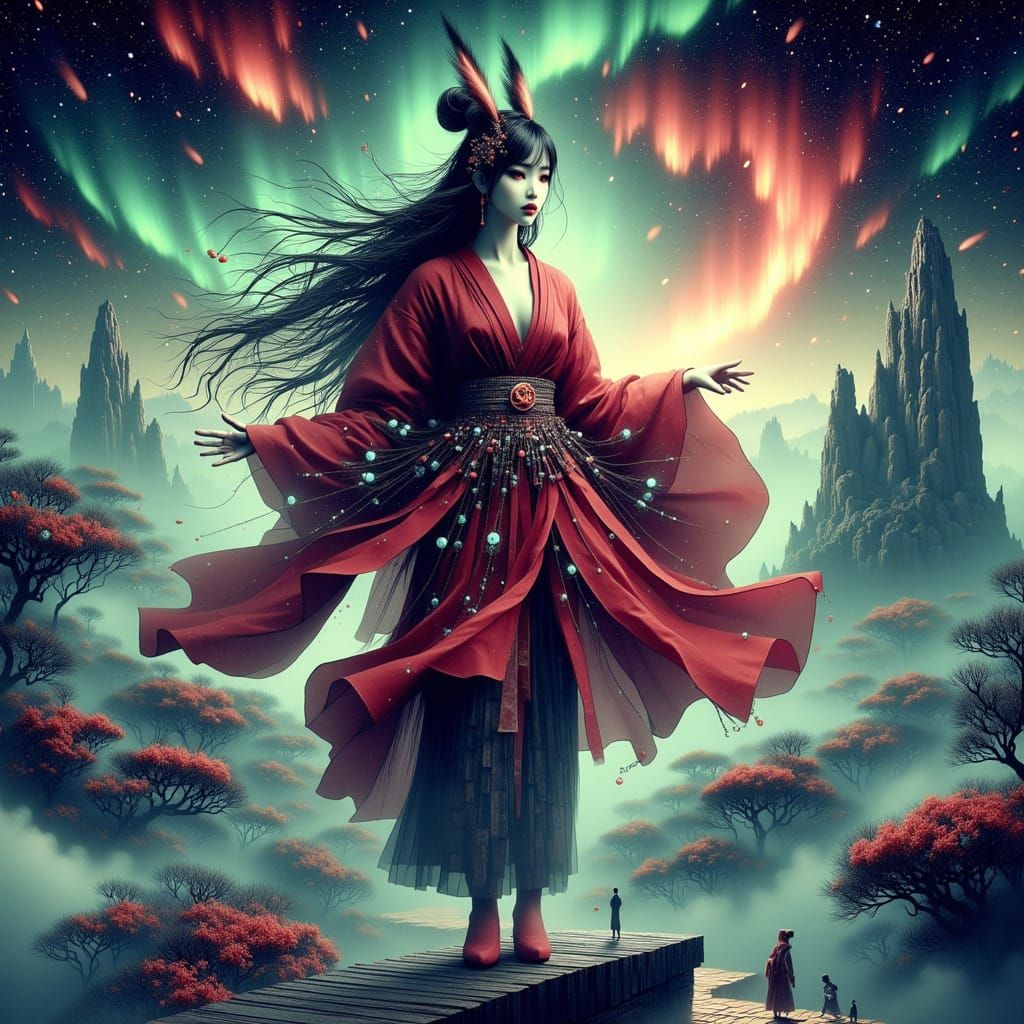 Yokai Woman Dances on Floating Islands