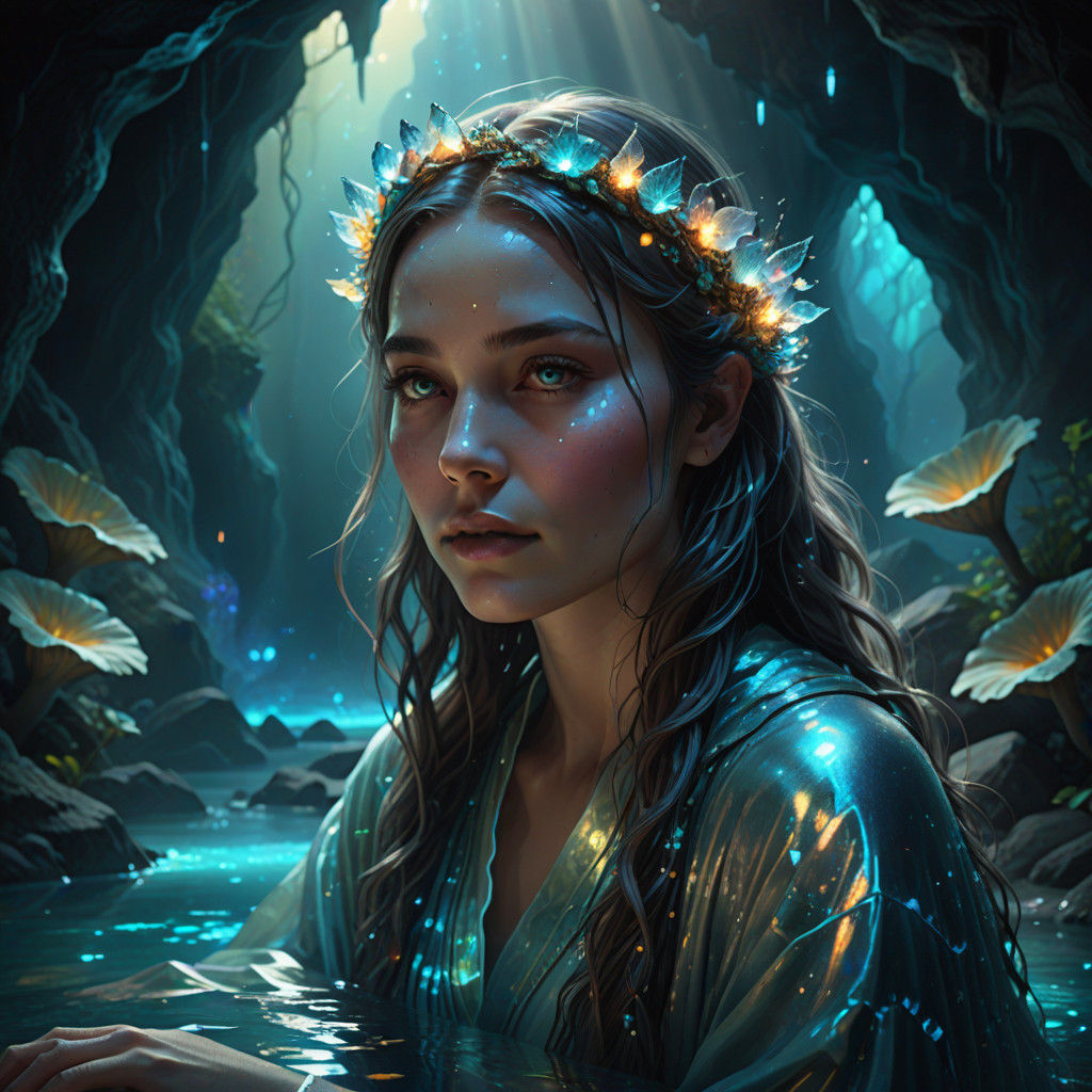 Ethereal Woman in Bioluminescent Dreamscape