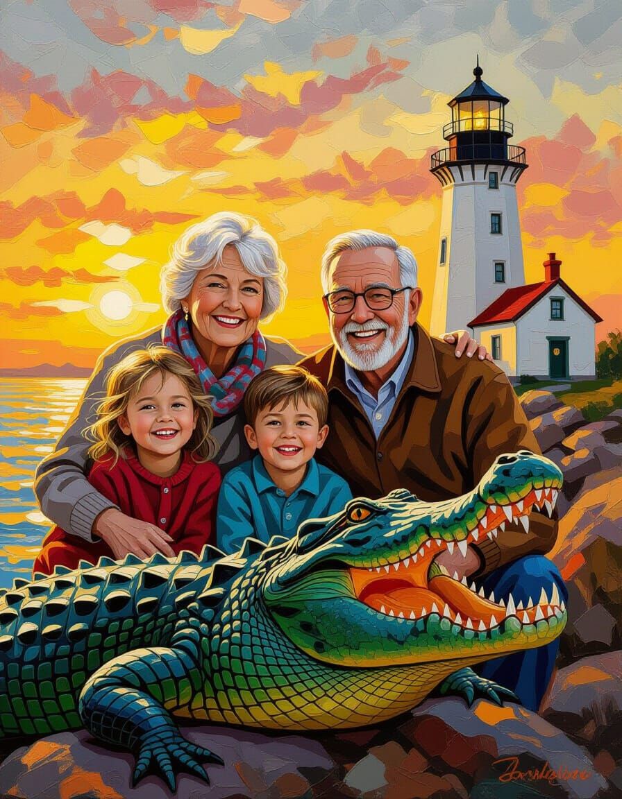 Family Portrait with Crocodile: Impasto Oil Painting