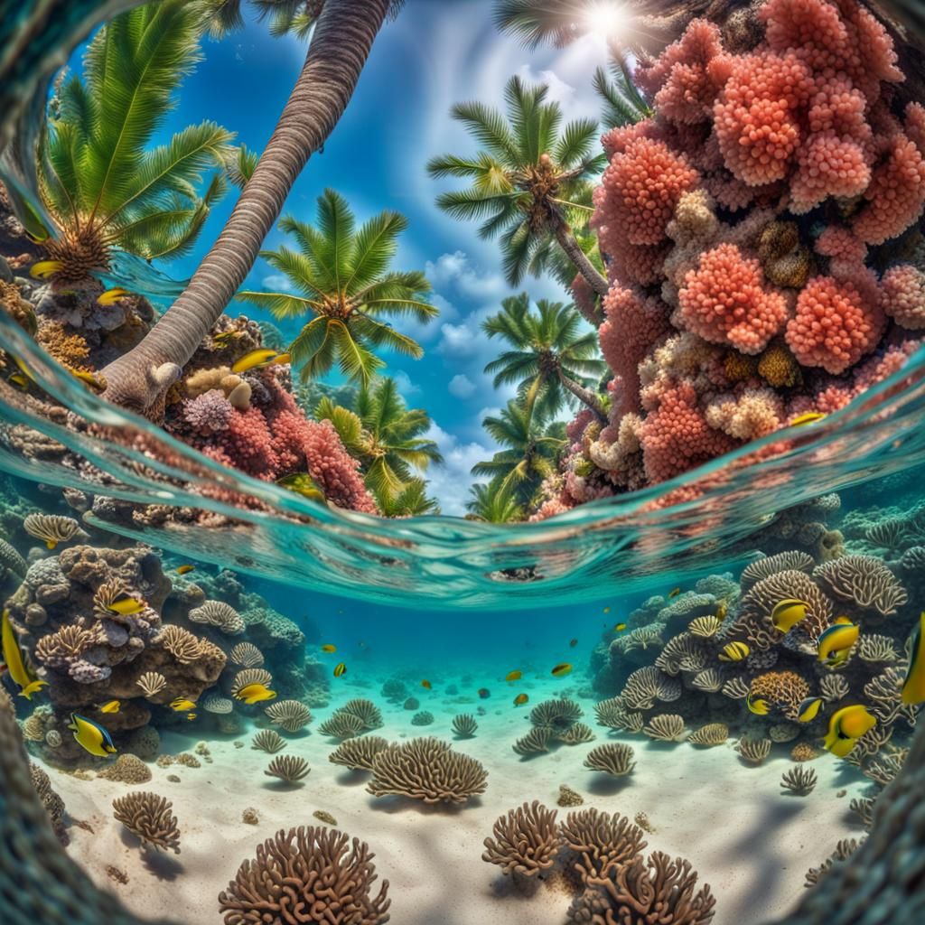 Split View: Underwater Reef and Tropical Beach