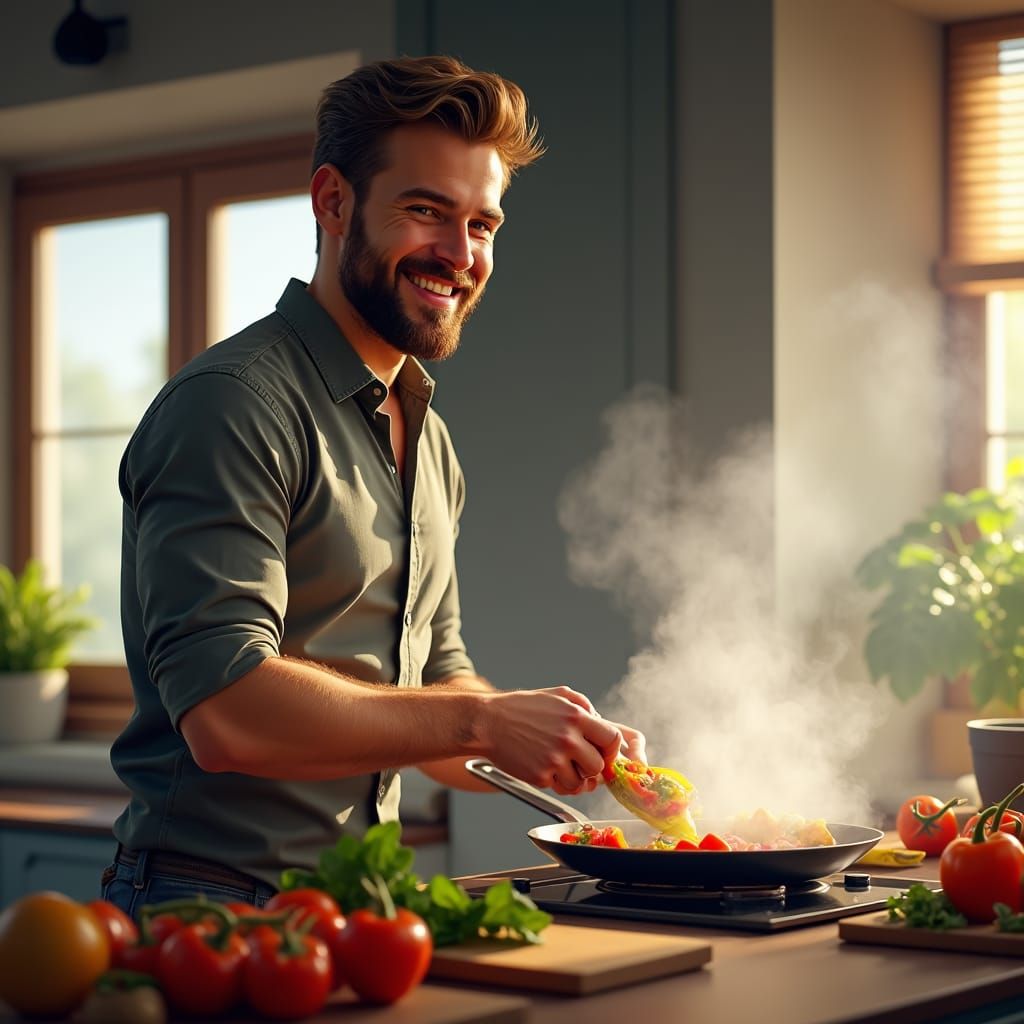 Man Cooking in Modern Kitchen: Detailed Matte Painting