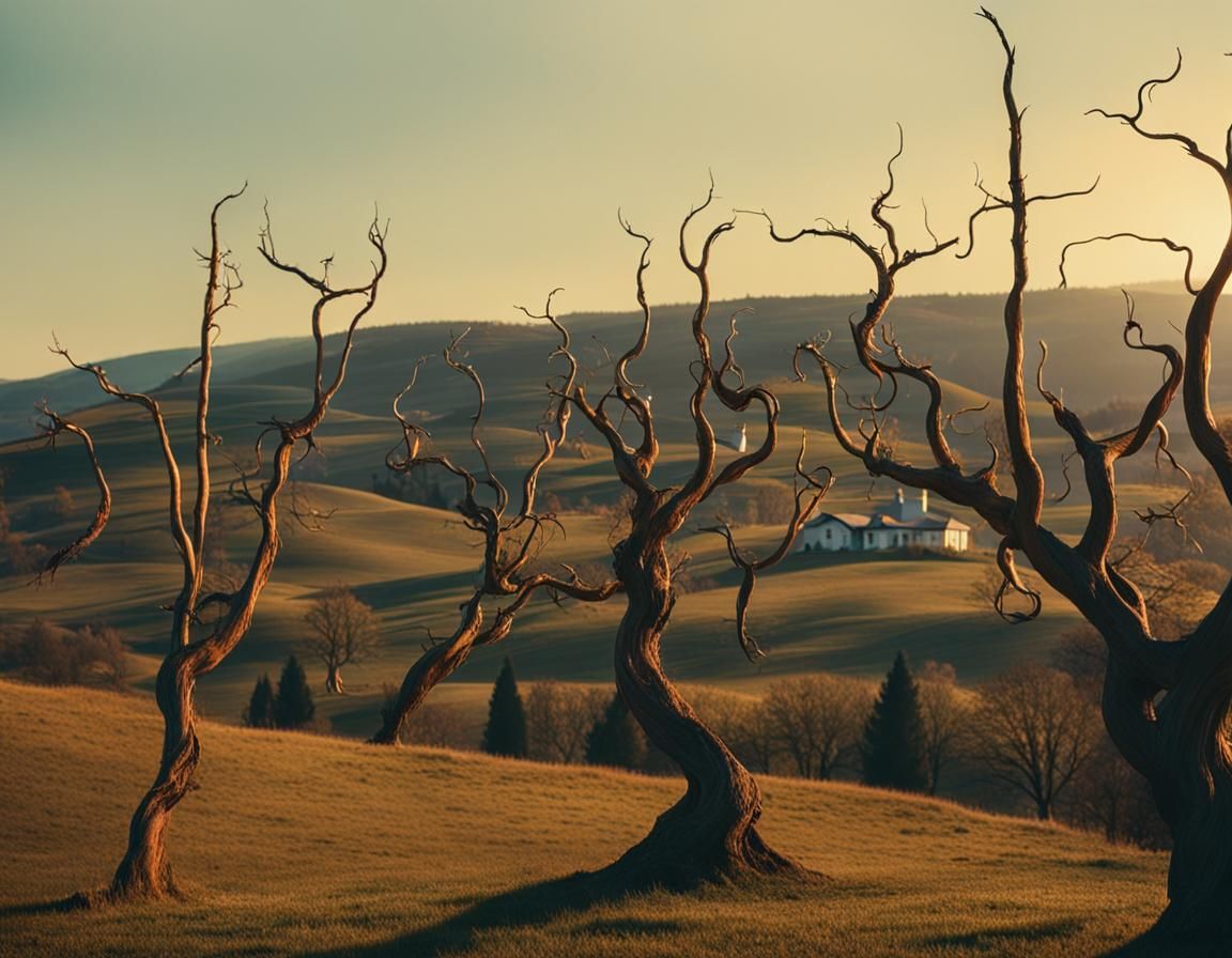 Mystical Landscape with Twisted Trees in Golden Light