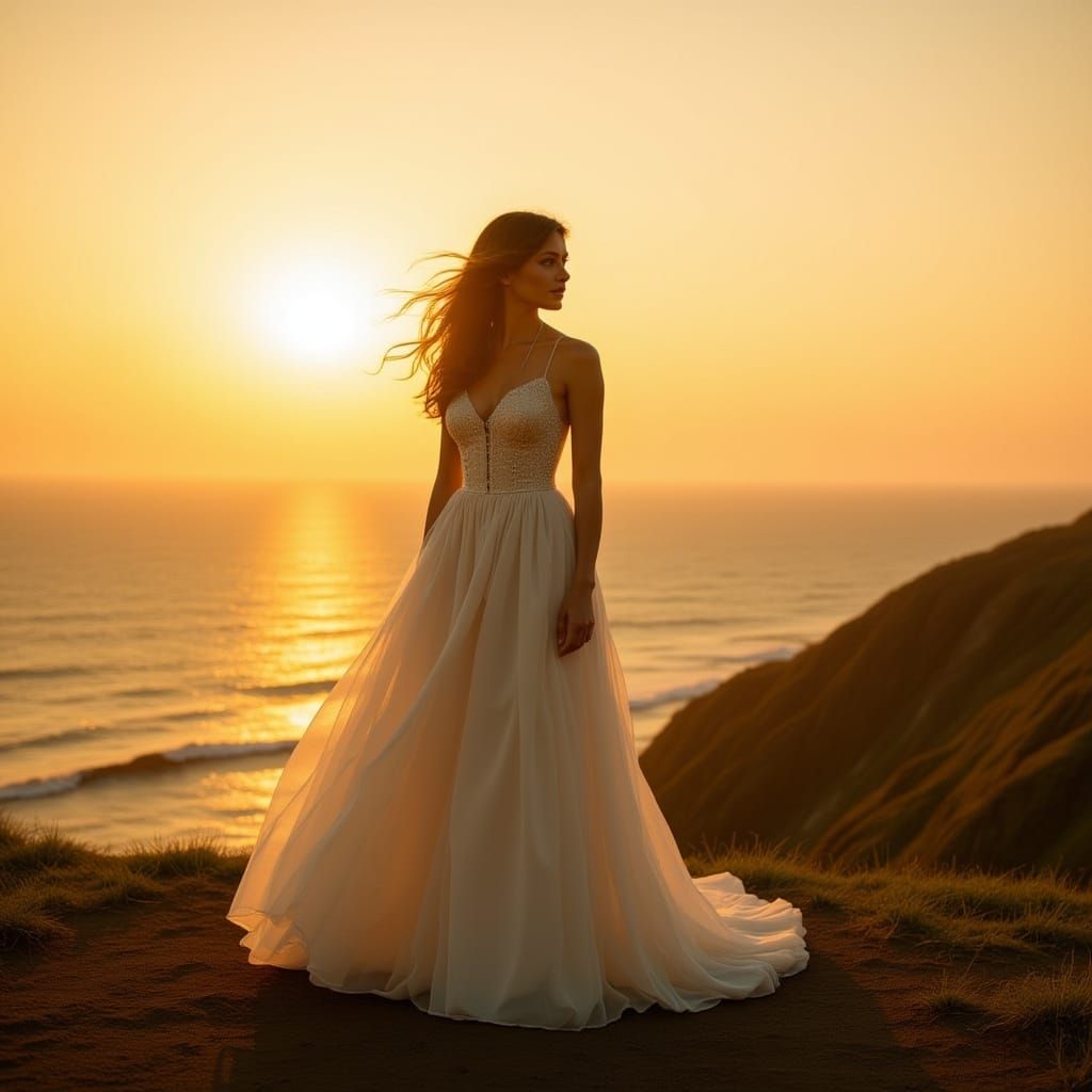 Goddess Overlooking Sunlit Ocean in Vintage Cinematic Style