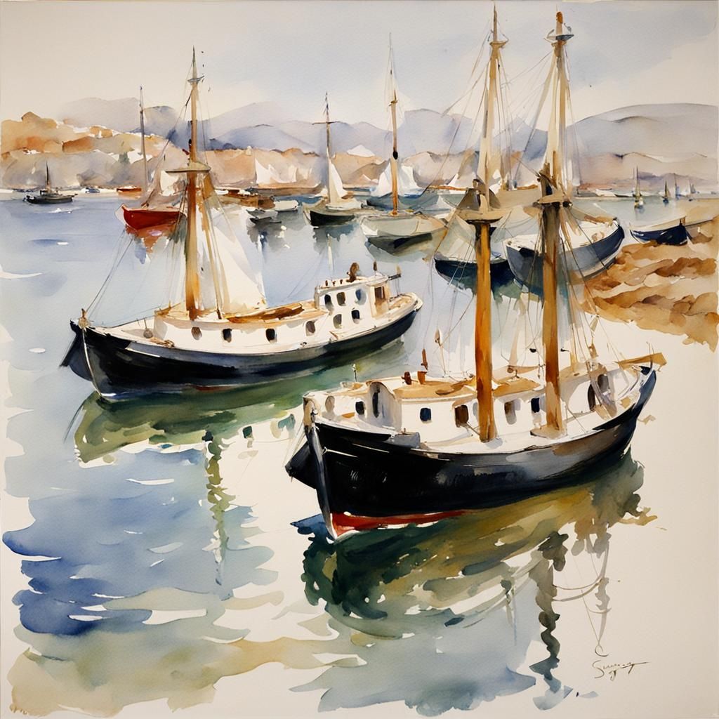 White Ships in Watercolor Style
