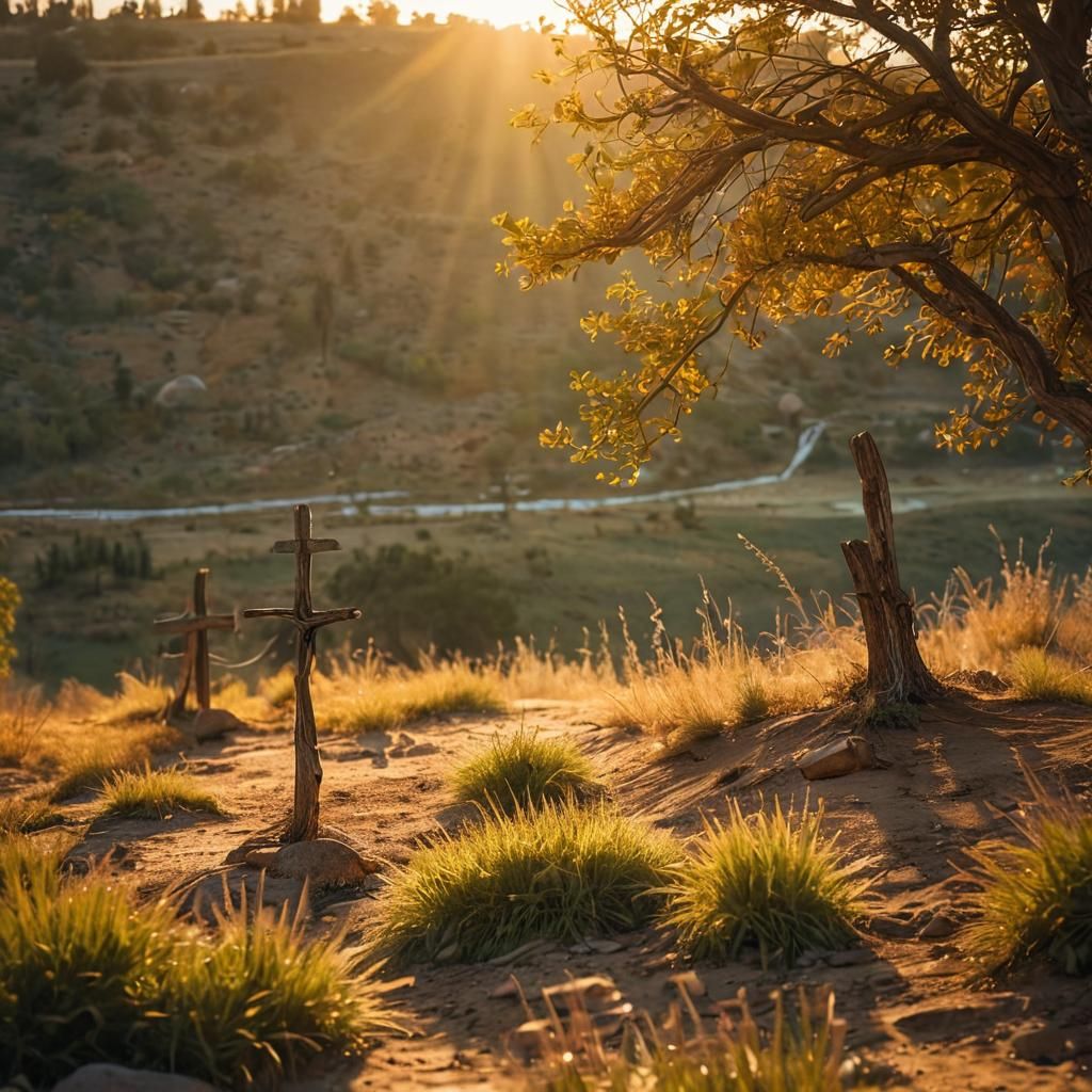 Serene Christian Landscape in Golden Sunlight