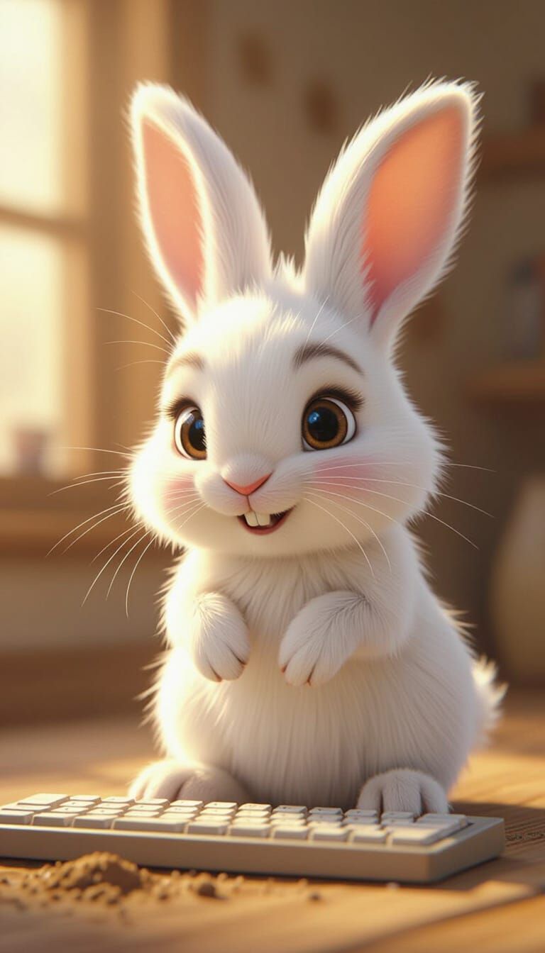 Adorable Bunny Typing Fast in Fairy Tale Lighting
