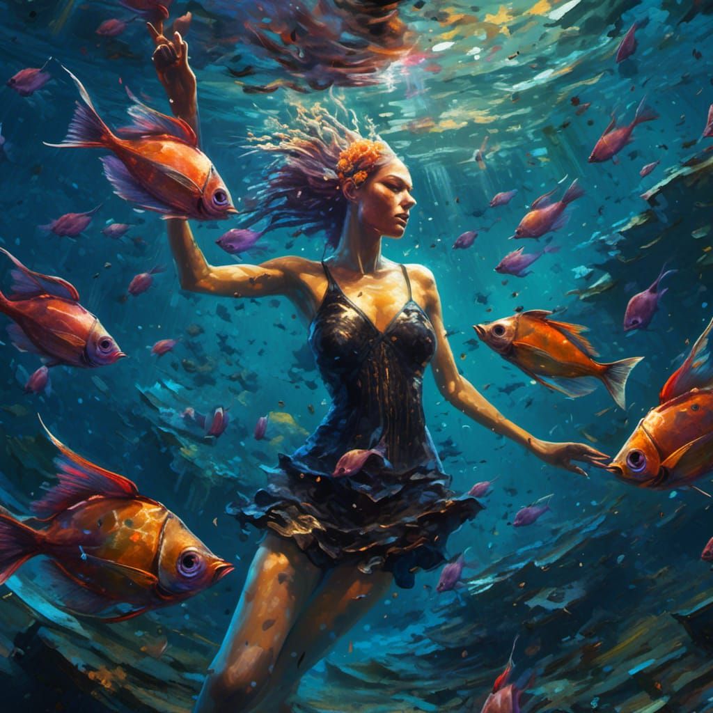 Woman Swimming with Fish in Expressionist Cyberpunk Style