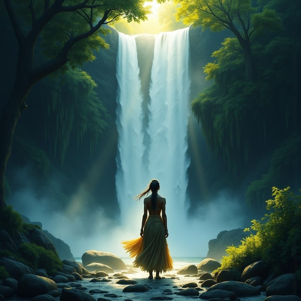 Indigenous Woman Beneath Waterfall in Sunlight