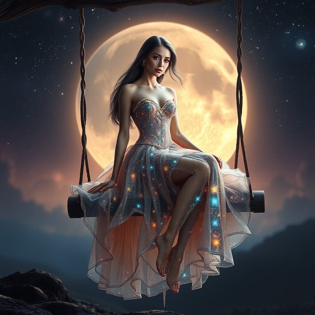 Woman on Moon Swing in Stardust Dress