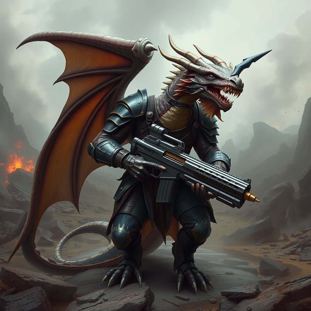 Dragon Wields Futuristic Gun in Gritty War-Torn Landscape