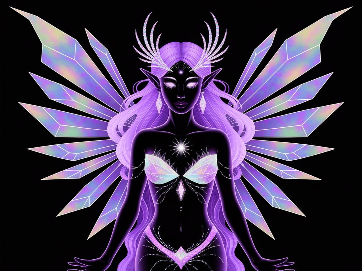 Bioluminescent Fae with Crystal Wings in Black Space