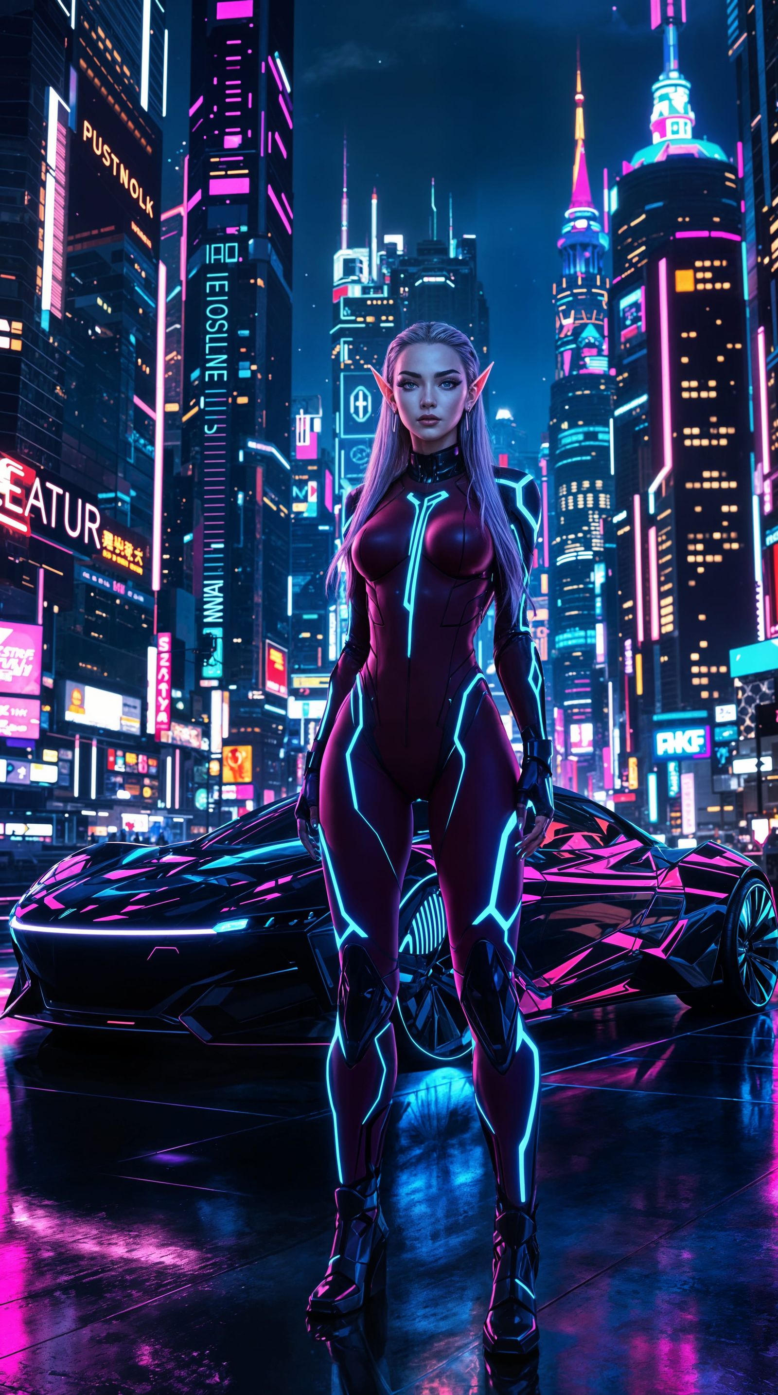 Surreal Cyberpunk Elf Woman in Neon City