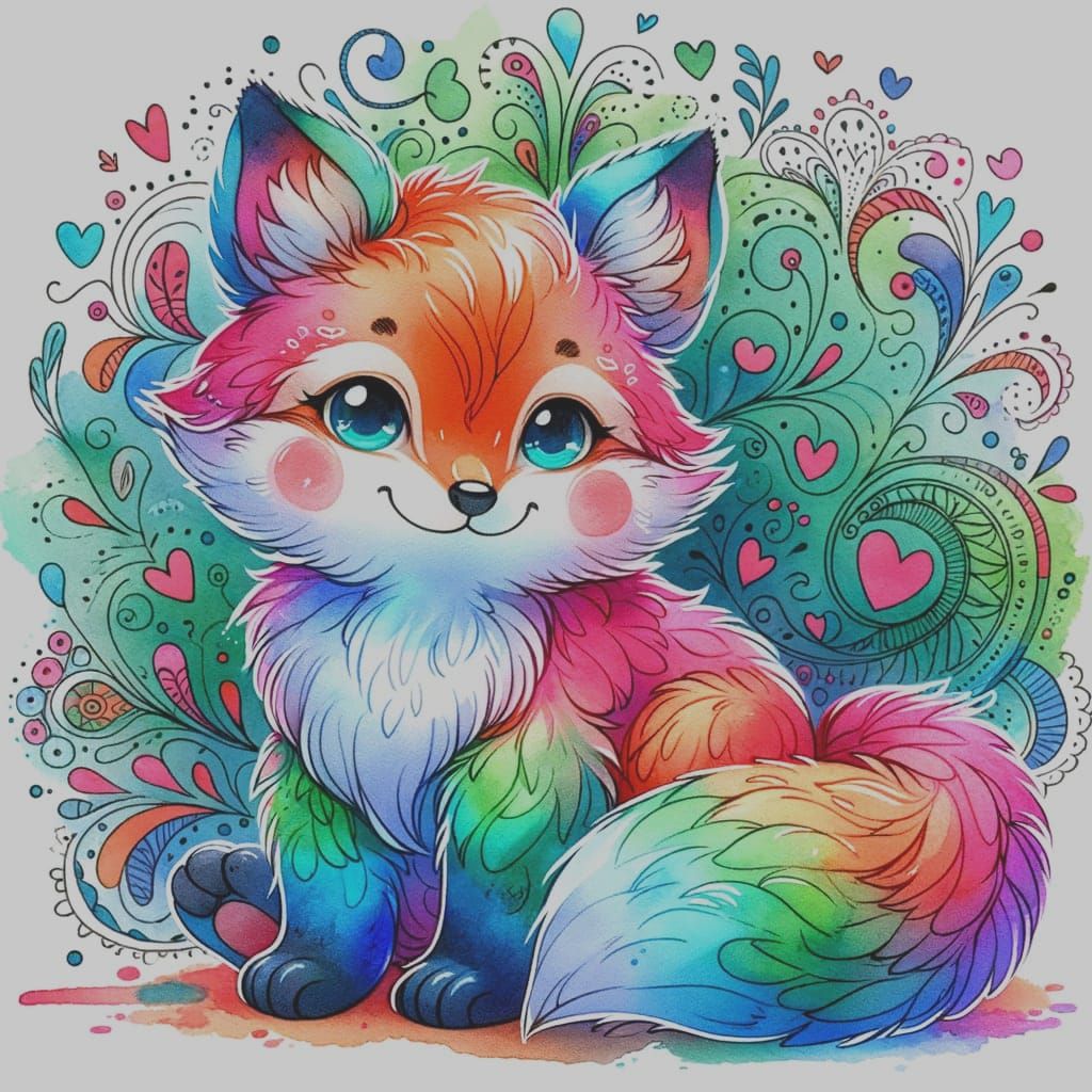 Cartoon Fox with Hearts in Watercolor Style