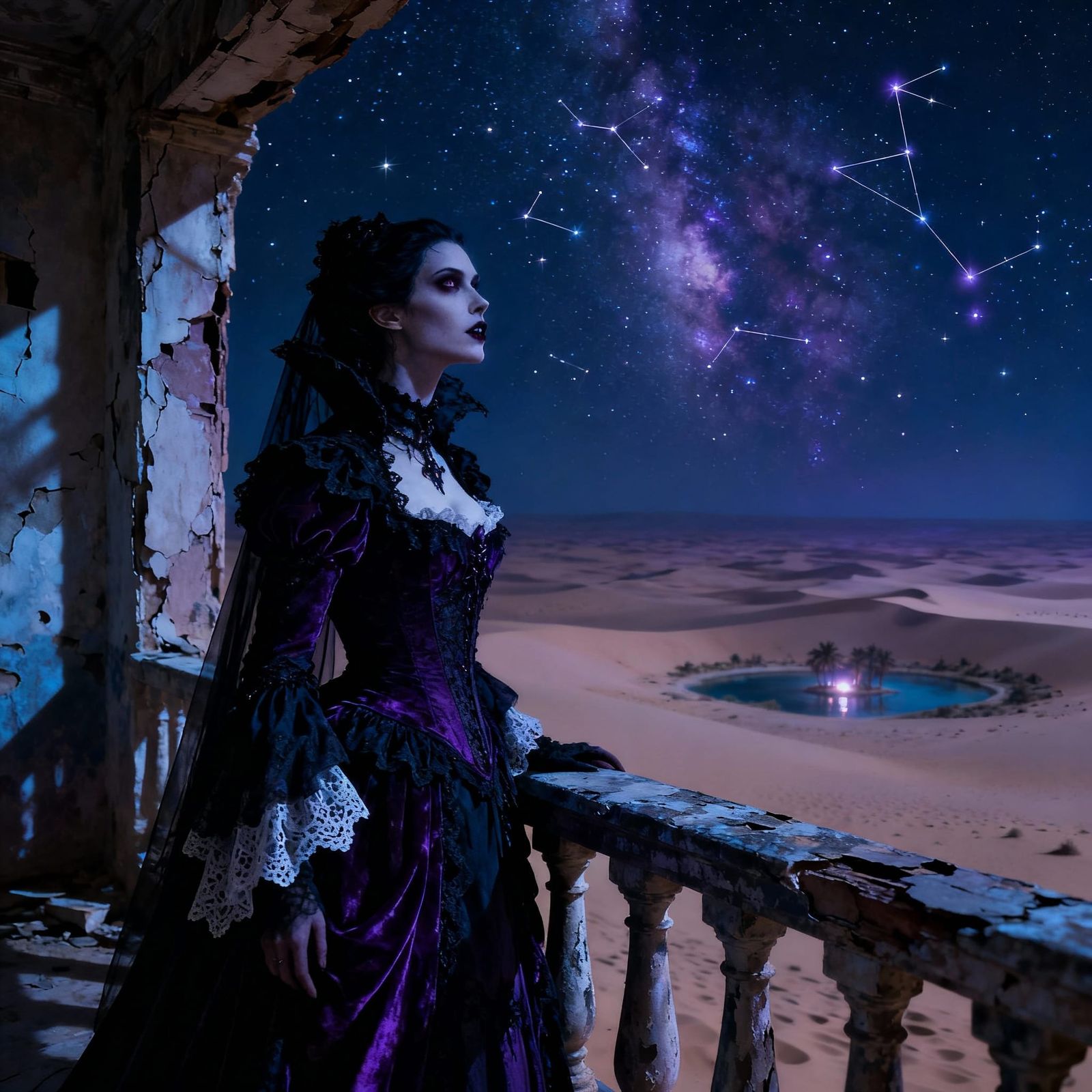 Victorian Vampire Queen in Starlit Desert