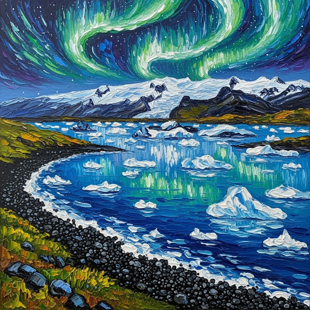 Impressionist Oil Painting of Jökulsárlón at Night
