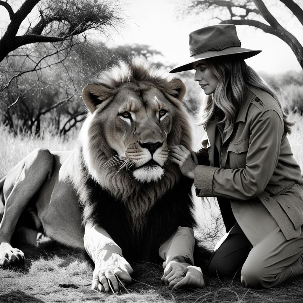 Monochrome Film Still of Woman and Lion