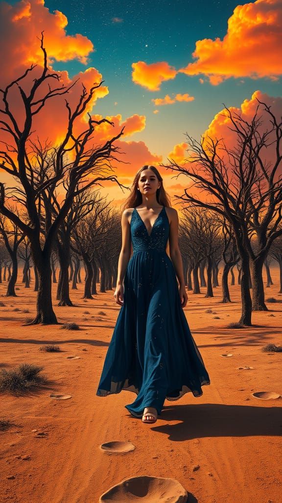 Serene Woman Embarks on a Mystical Journey Through a Vibrant...