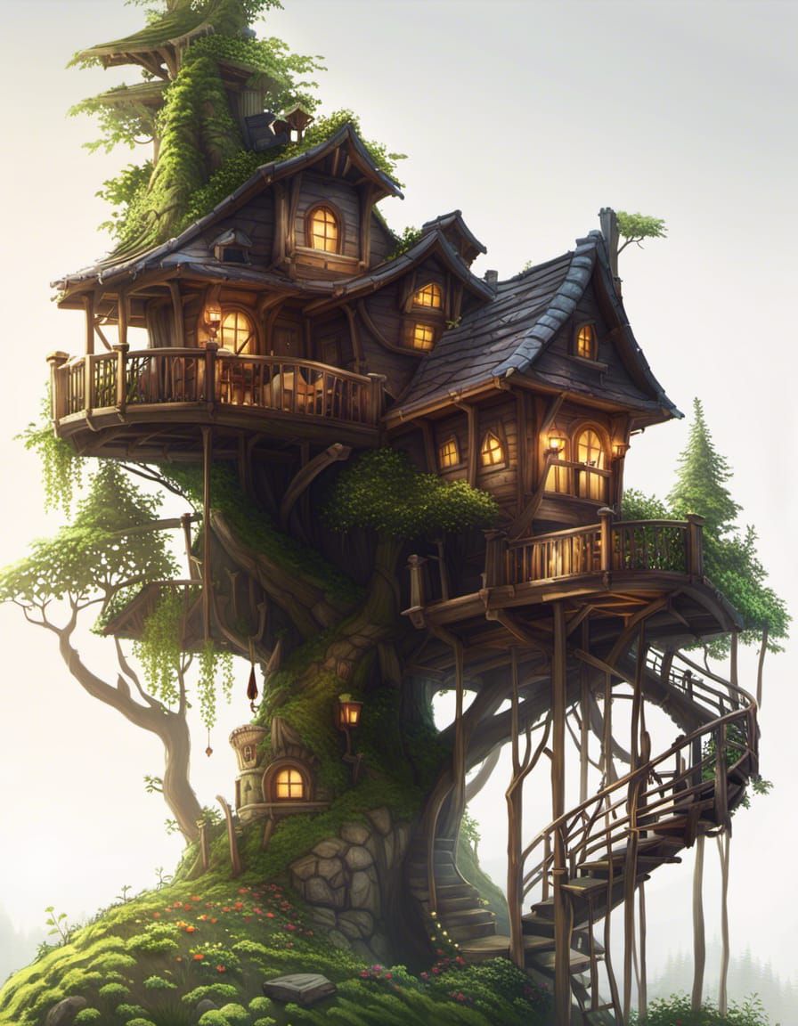 Cozy Treehouse in Lush Forest: Fantasy Concept Art