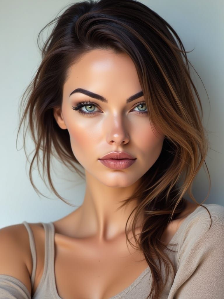 Realistic Portrait of a Young Woman in Soft Studio Light