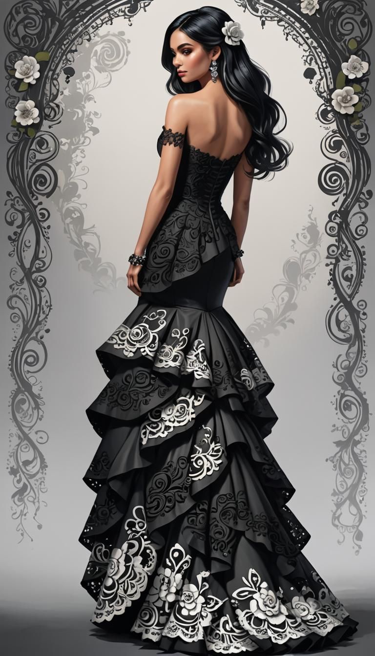 Young Woman in Flower Lace Gown, Fantasy Concept Art