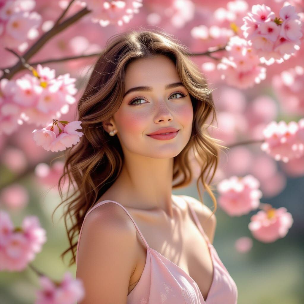 Woman Dancing in Pink Blossoms with Dynamic Lighting