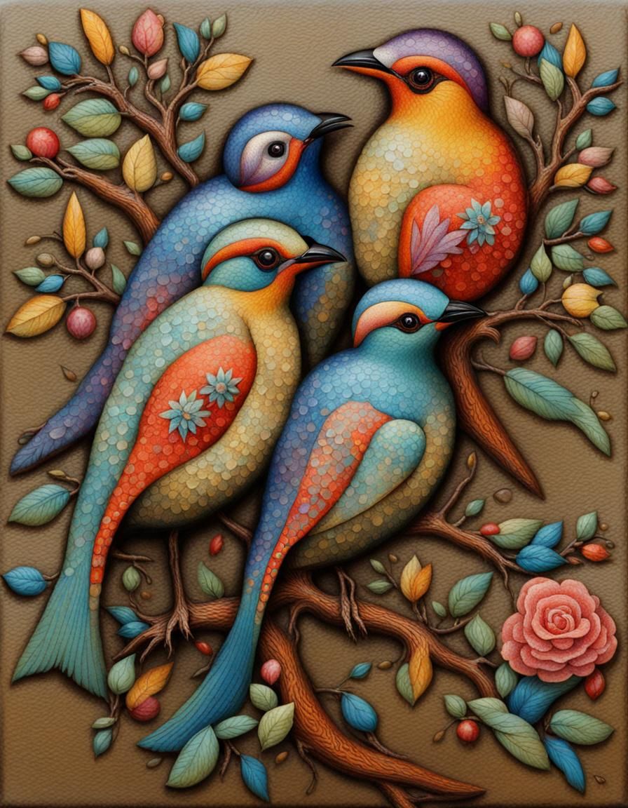 Colorful Birds in Flowing Tree: Art Deco Style