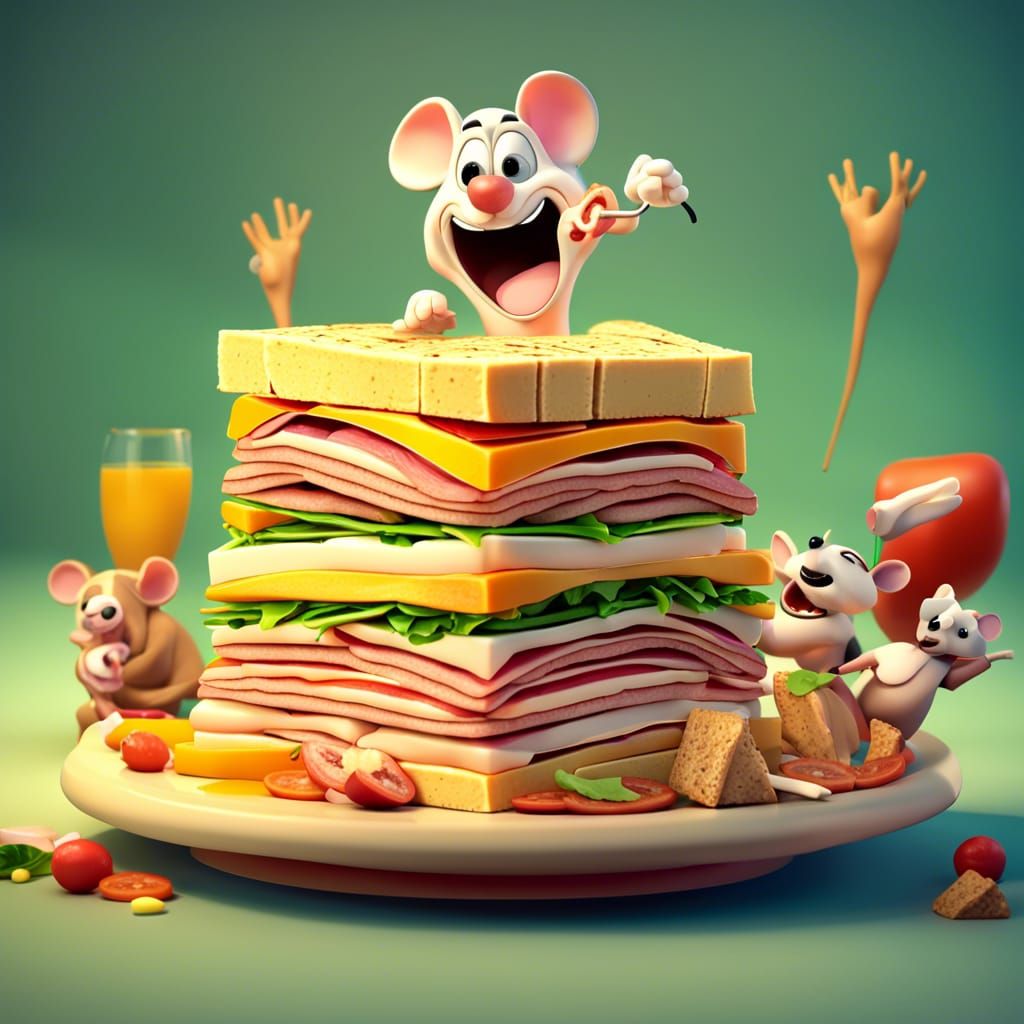 Cartoon Mouse Enjoys Exquisite Club Sandwich