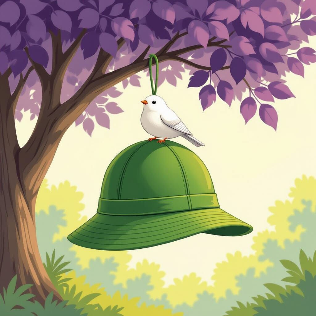 Leaf Cap with Bird on Purple Tree in Storybook Style