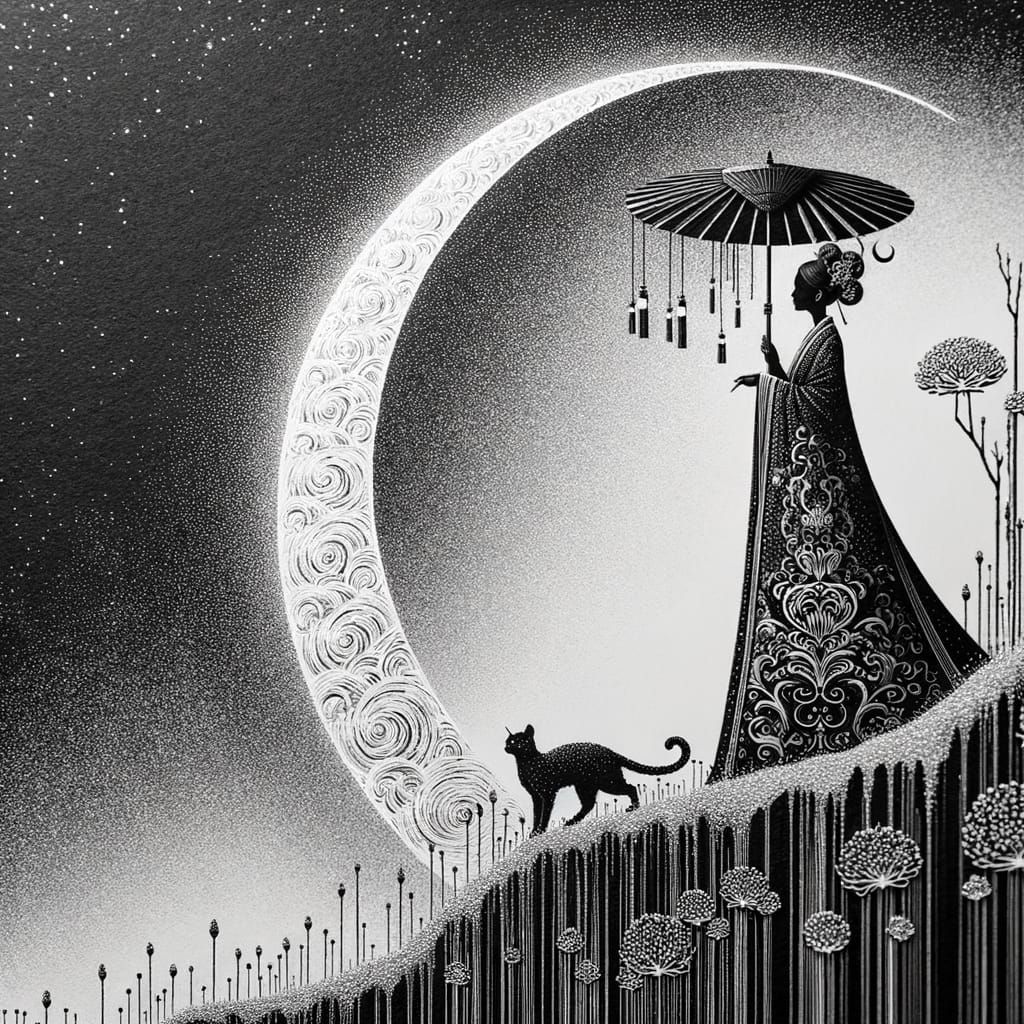 Woman and Cat on Hill at Night in Black Ink