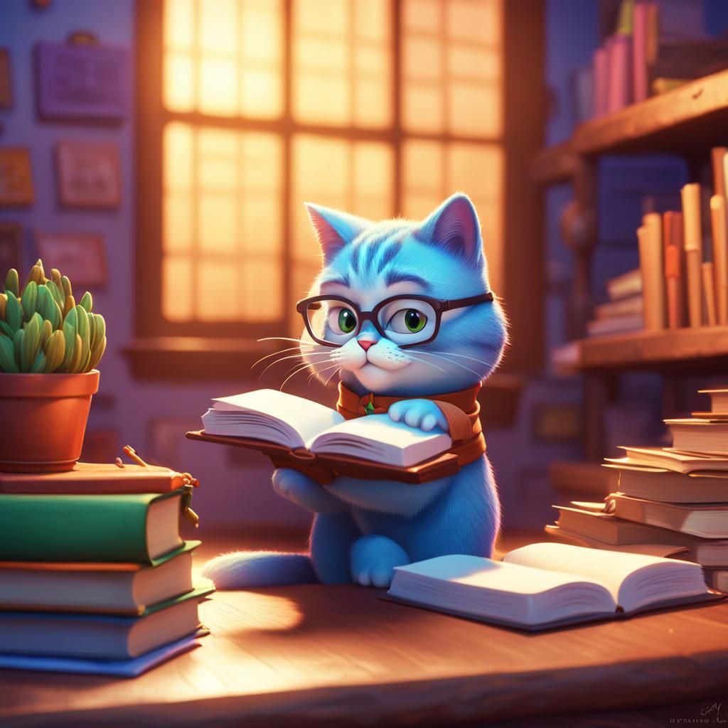 Majestic Scholar Cat Studying: 3D Digital Art