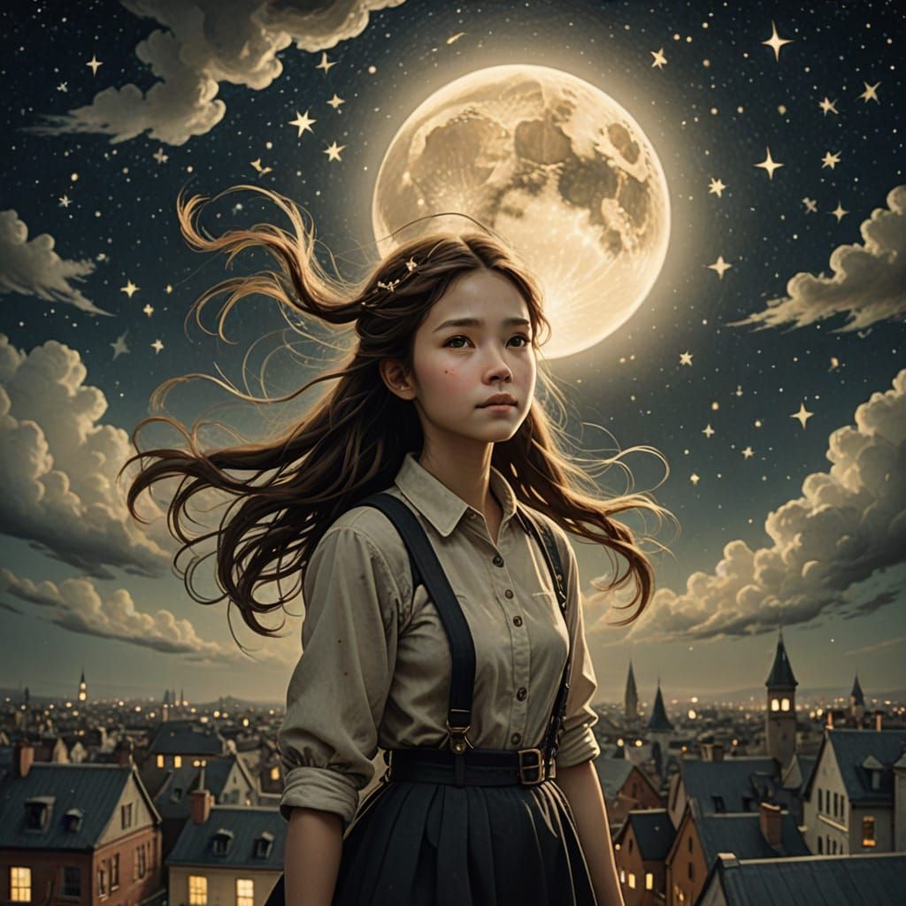 Girl Leaping Through Night Sky in Tami Bone Style