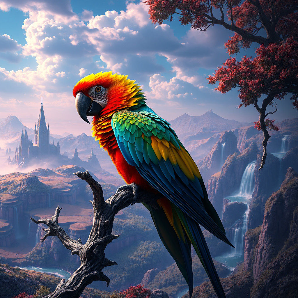 Exotic Parrot in Dreamlike Landscape, Matte Painting
