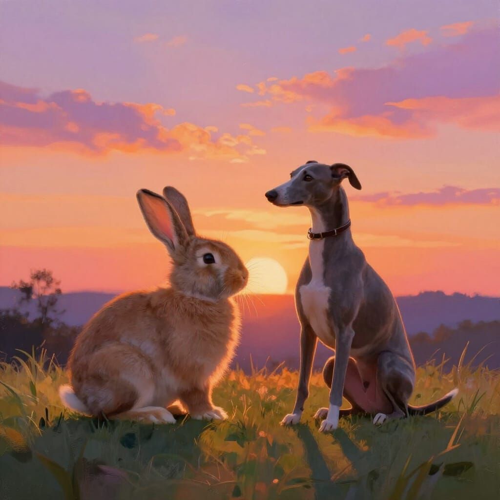 Rabbit and Greyhound Silhouetted at Sunset