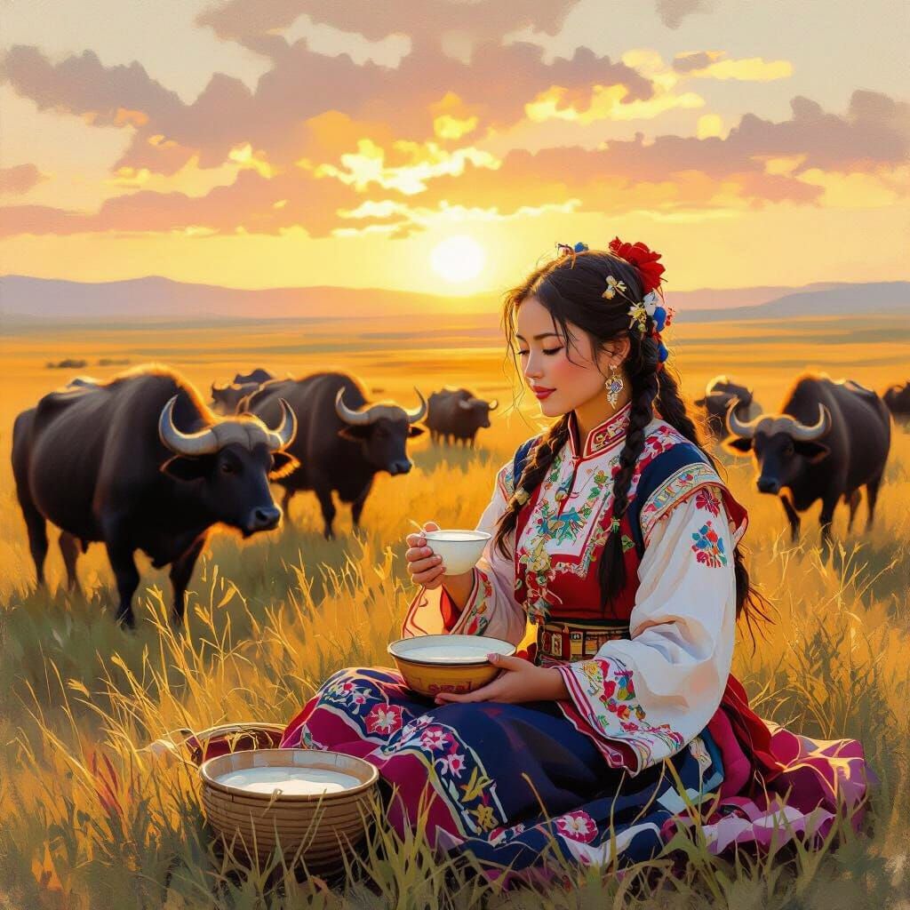 Mongolian Girl Drinks Milk Amidst Buffalo Herd on Steppe