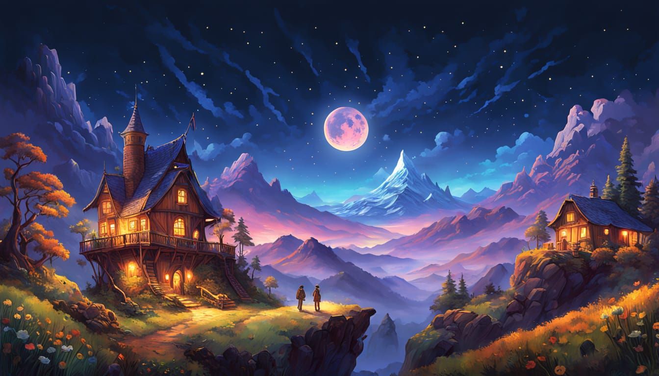 Mystical Landscape Under Full Moon: Fairytale Illustration