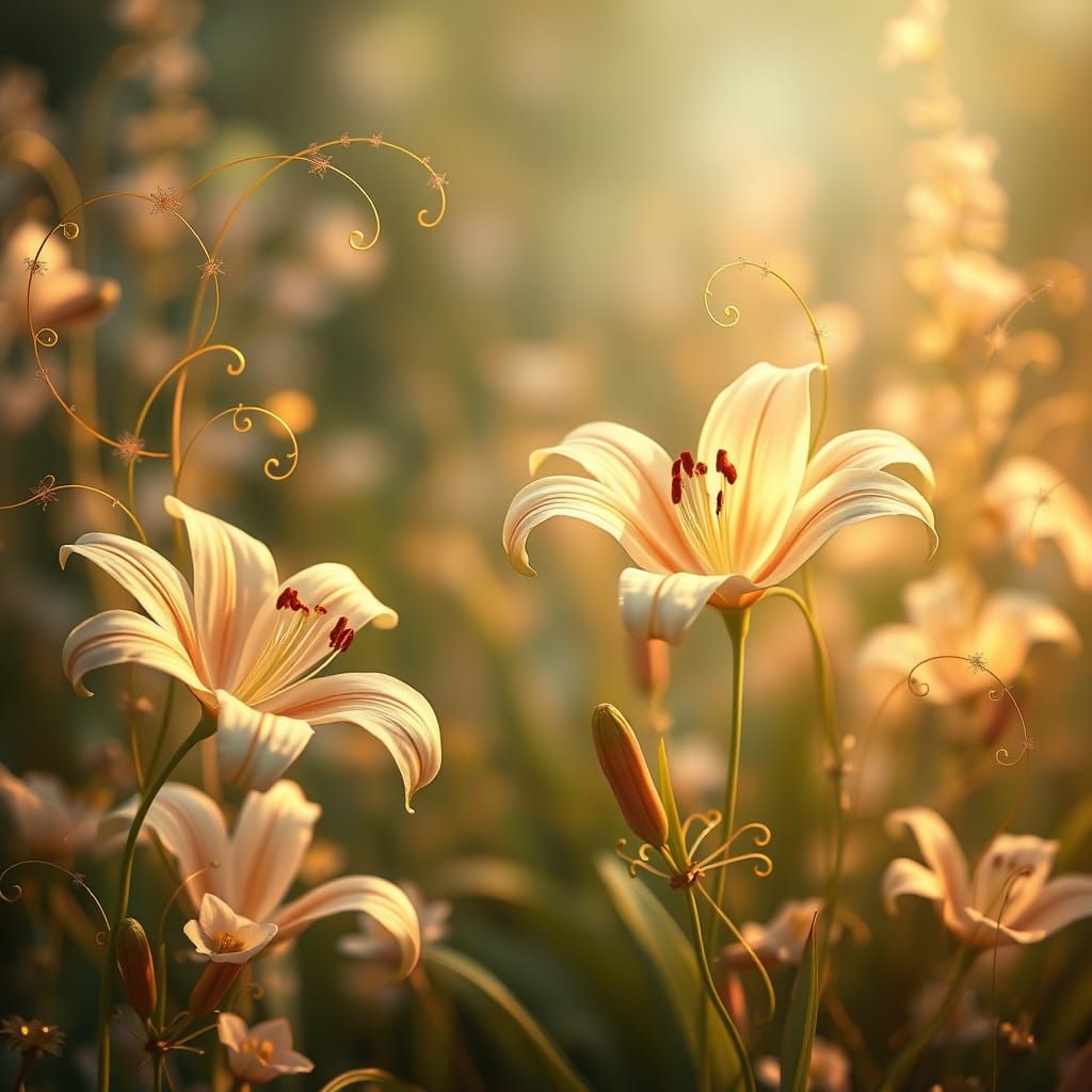 Graceful Peruvian lilies bloom in a mystical realm