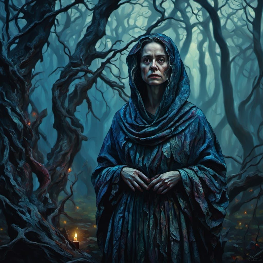 Baroque Horror: Woman in Forest, Dramatic Lighting