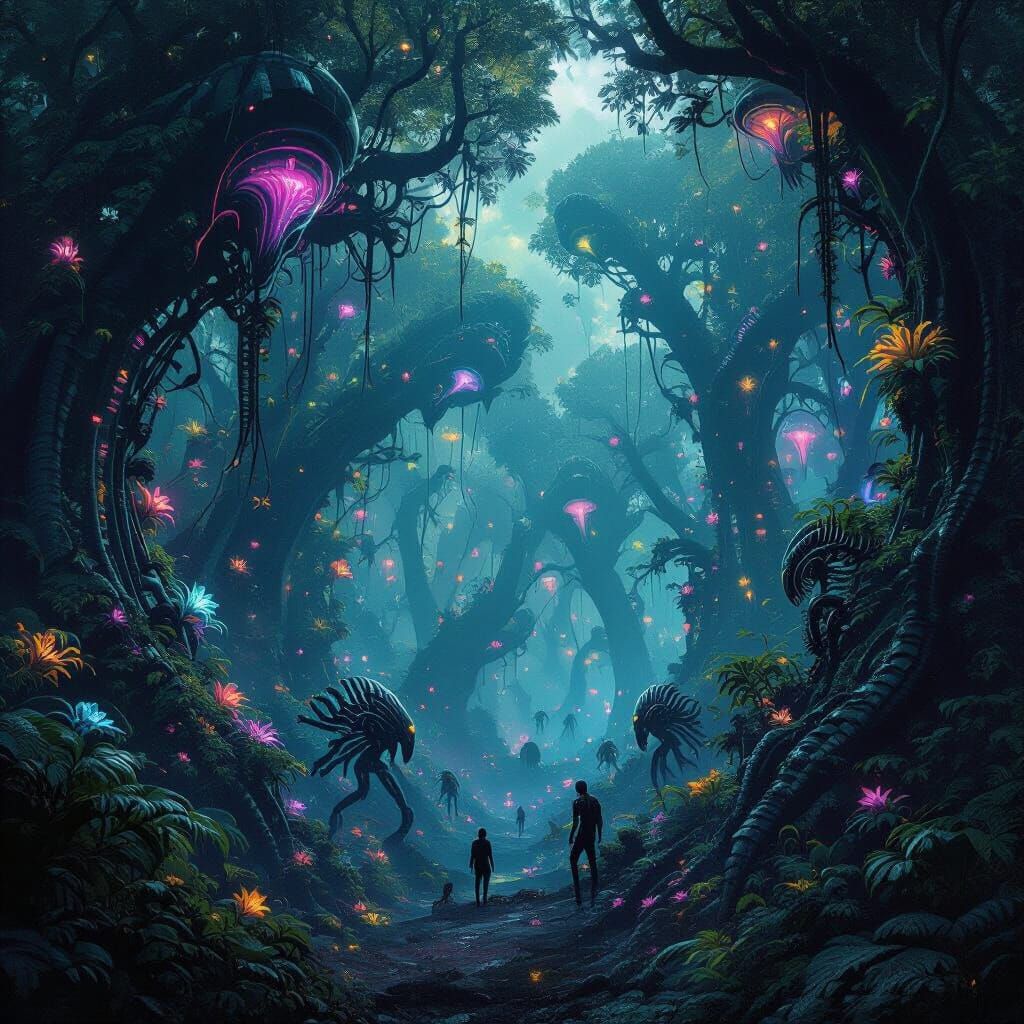 Biomechanical Forest in H.R. Giger Style with Xenomorph Crea...