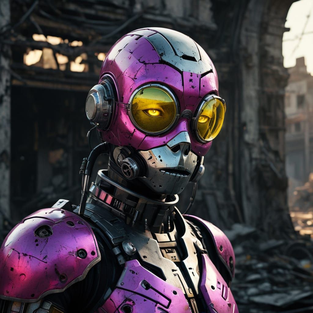 Cyberpunk Horror: Woman in Cracked Mask in Ruins